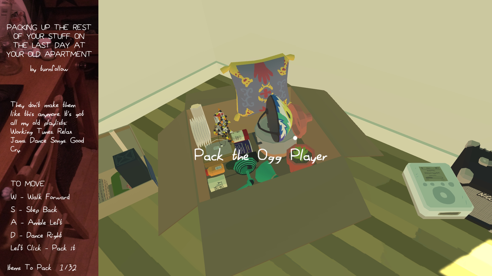 game screenshot of an open cardboard box filled with eclectic stuff