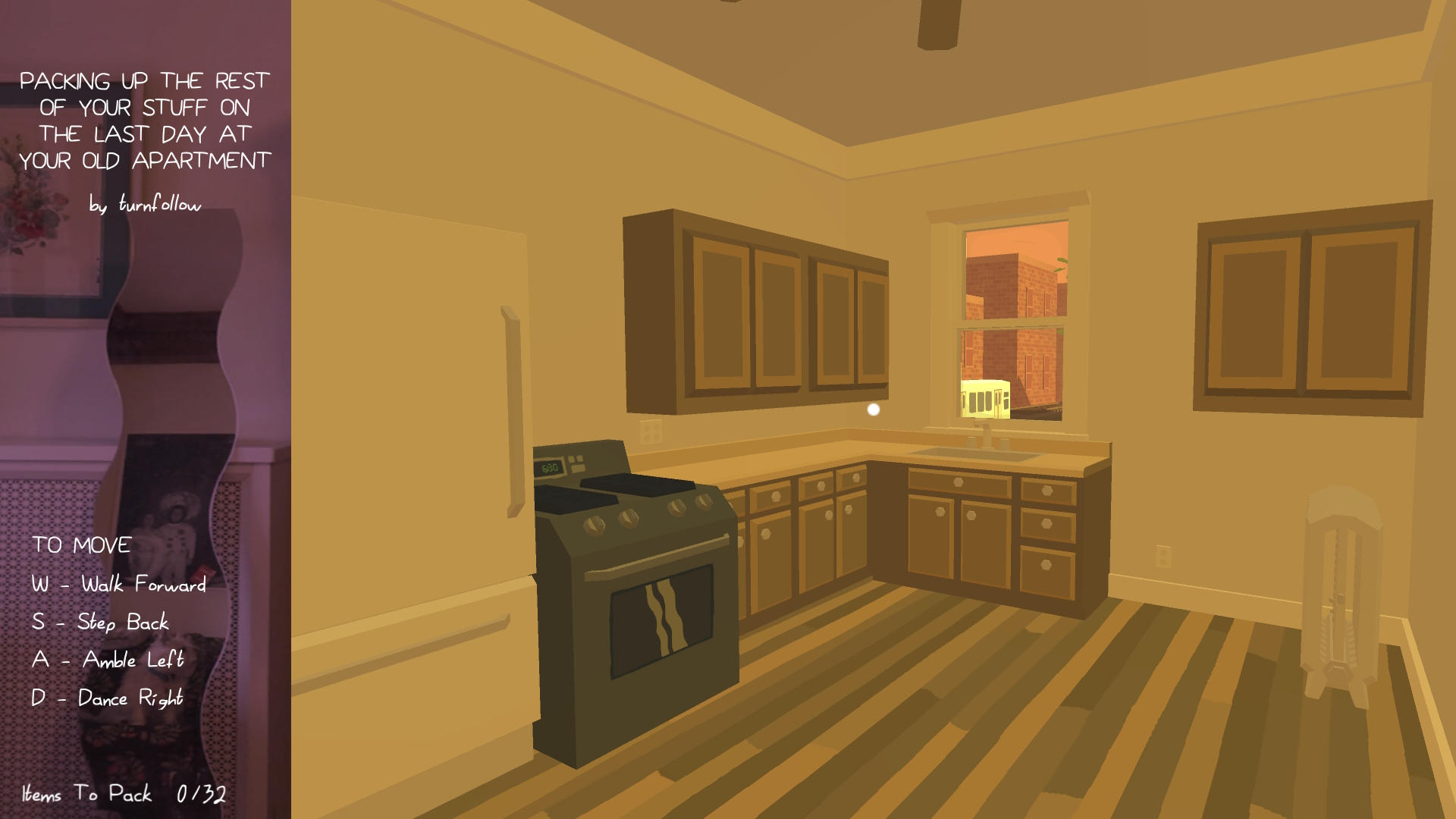 game screenshot of an empty apartment in evening light